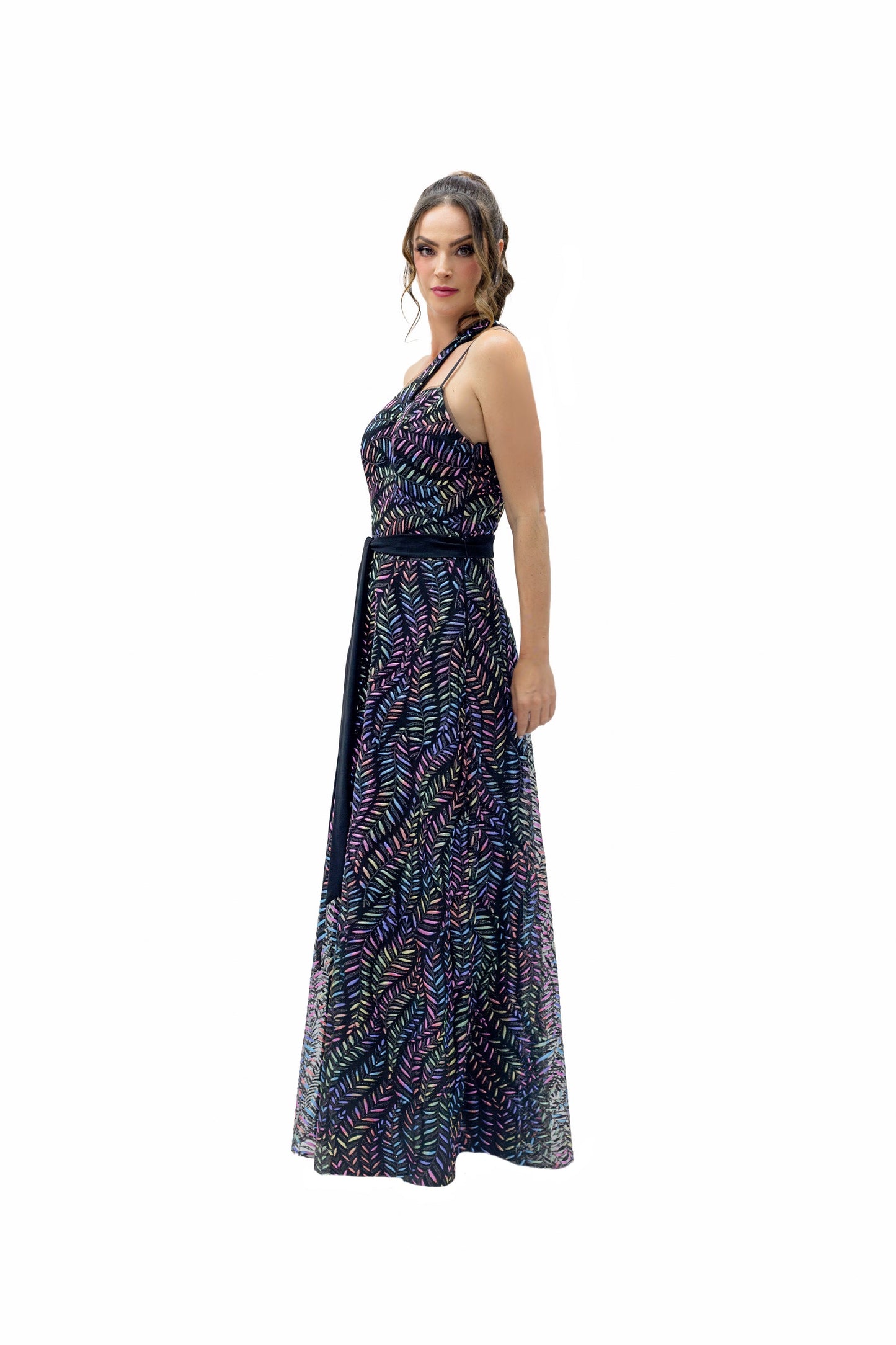 VESTIDO LARGO NEGRO CON DESTELLOS MULTICOLOR
