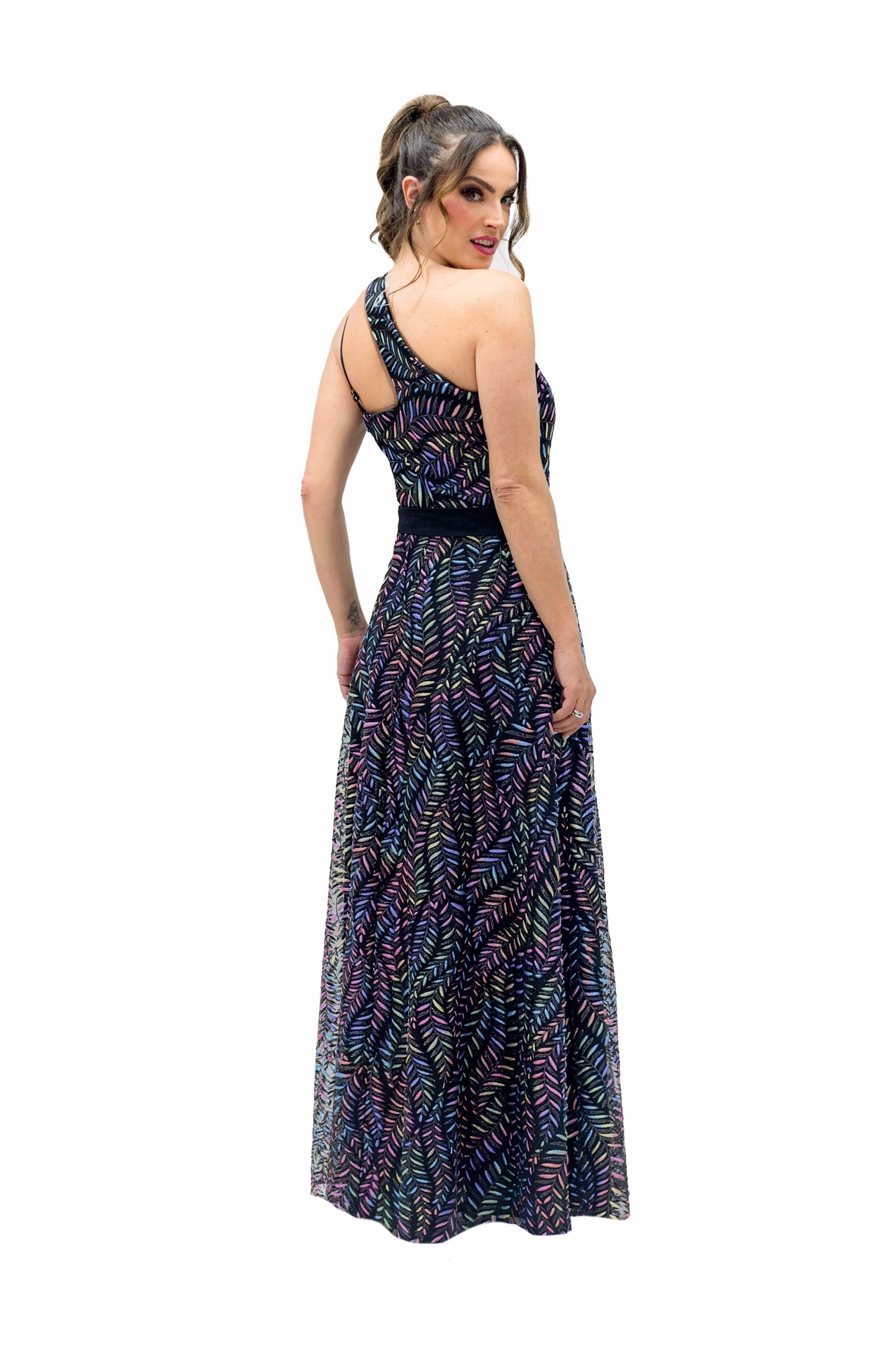 VESTIDO LARGO NEGRO CON DESTELLOS MULTICOLOR