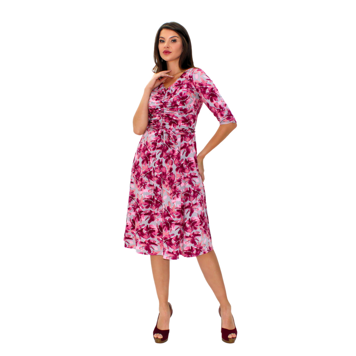 VESTIDO MIDI DRAPEADO FLORES ROSAS