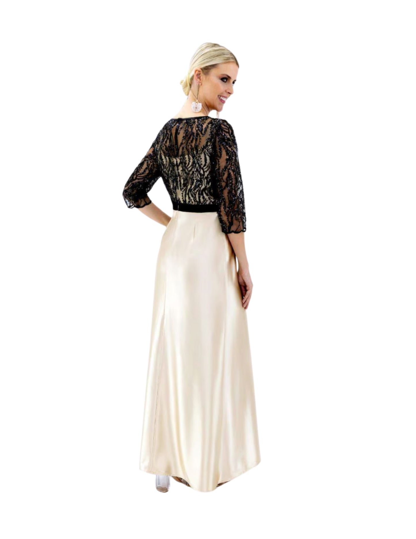 VESTIDO DE FIESTA ORO CON NEGRO