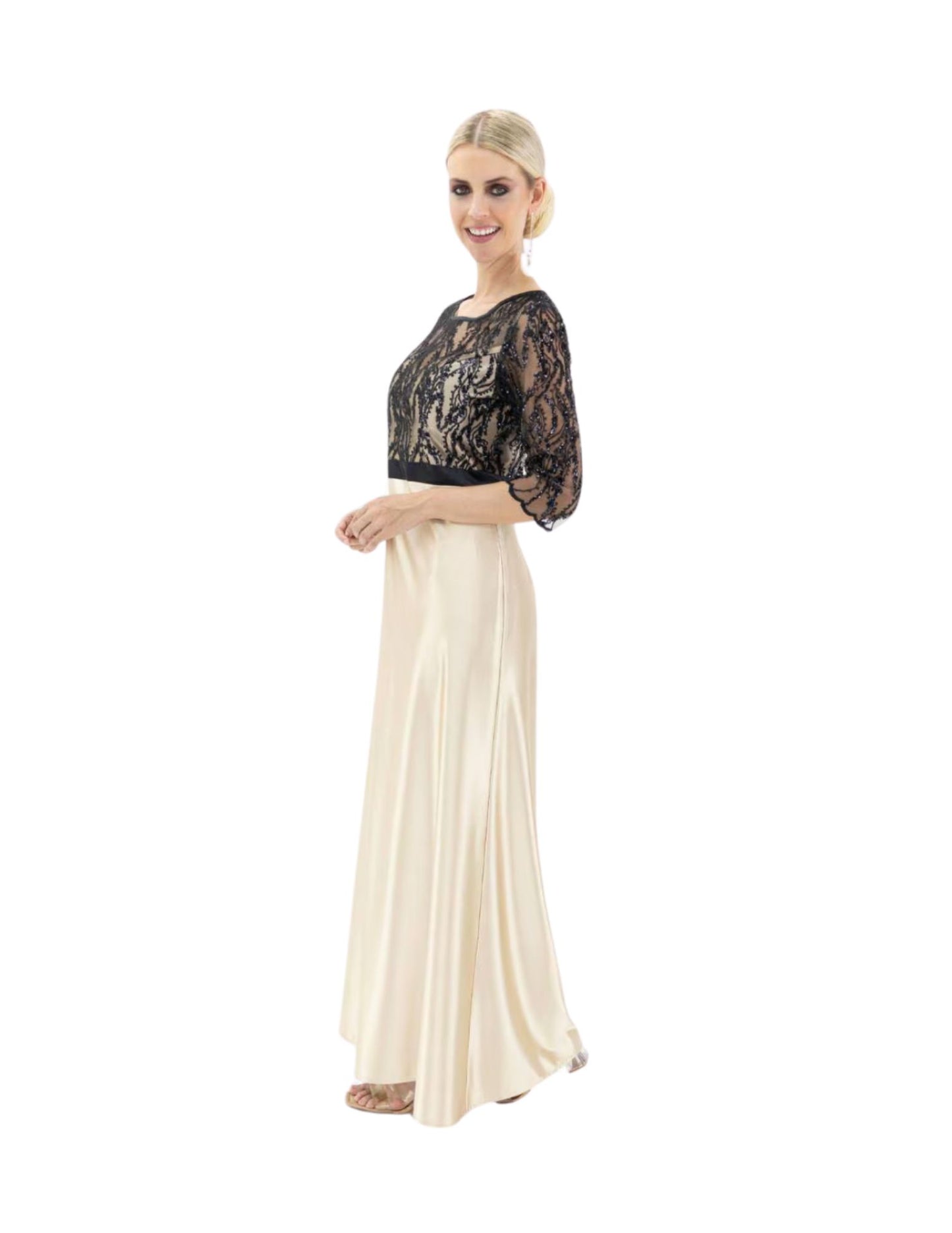 VESTIDO DE FIESTA ORO CON NEGRO