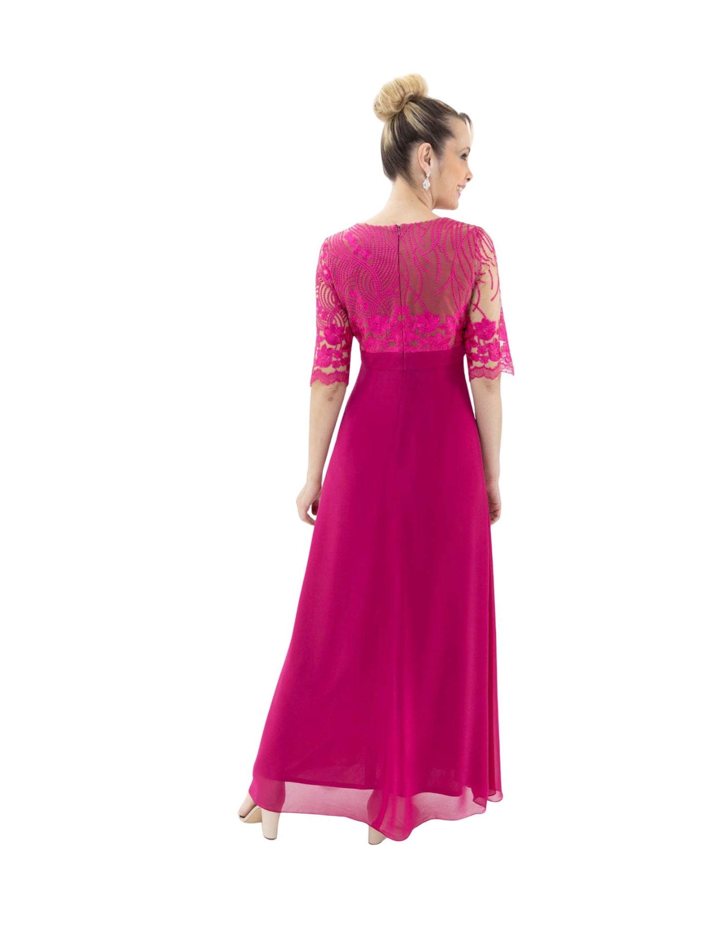 VESTIDO FUCSIA DE SHIFFON CON ENCAJE
