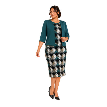 CONJUNTO FORMAL DE SACO LISO Y VESTIDO DE PRINT ABSTRACTO