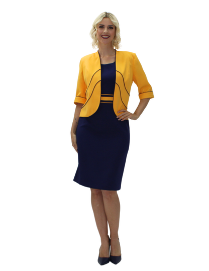 CONJUNTO DE VESTIDO AZUL MARINO CON SACO MOSTAZA