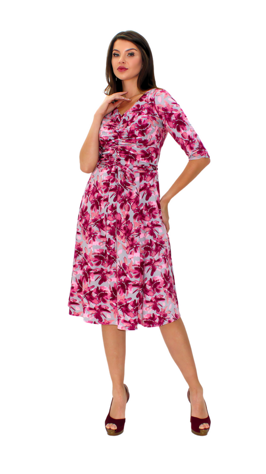 VESTIDO MIDI FLORAL CON FRUNCIDO AL FRENTE