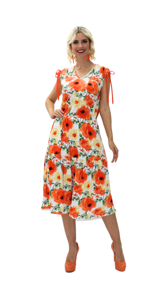VESTIDO FLORAL MIDI CON LAZOS EN HOMBROS