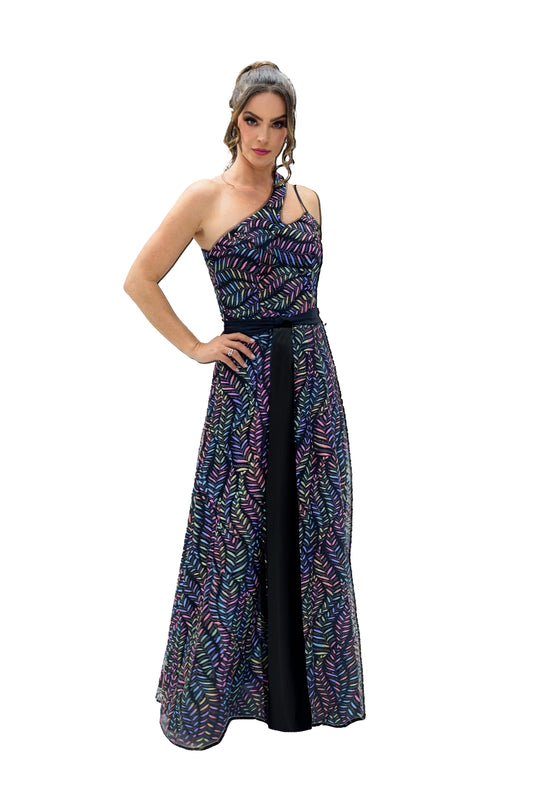 VESTIDO LARGO NEGRO CON DESTELLOS MULTICOLOR