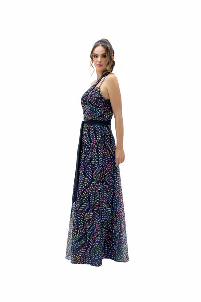 VESTIDO LARGO NEGRO CON DESTELLOS MULTICOLOR