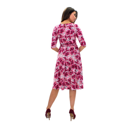 VESTIDO MIDI DRAPEADO FLORES ROSAS
