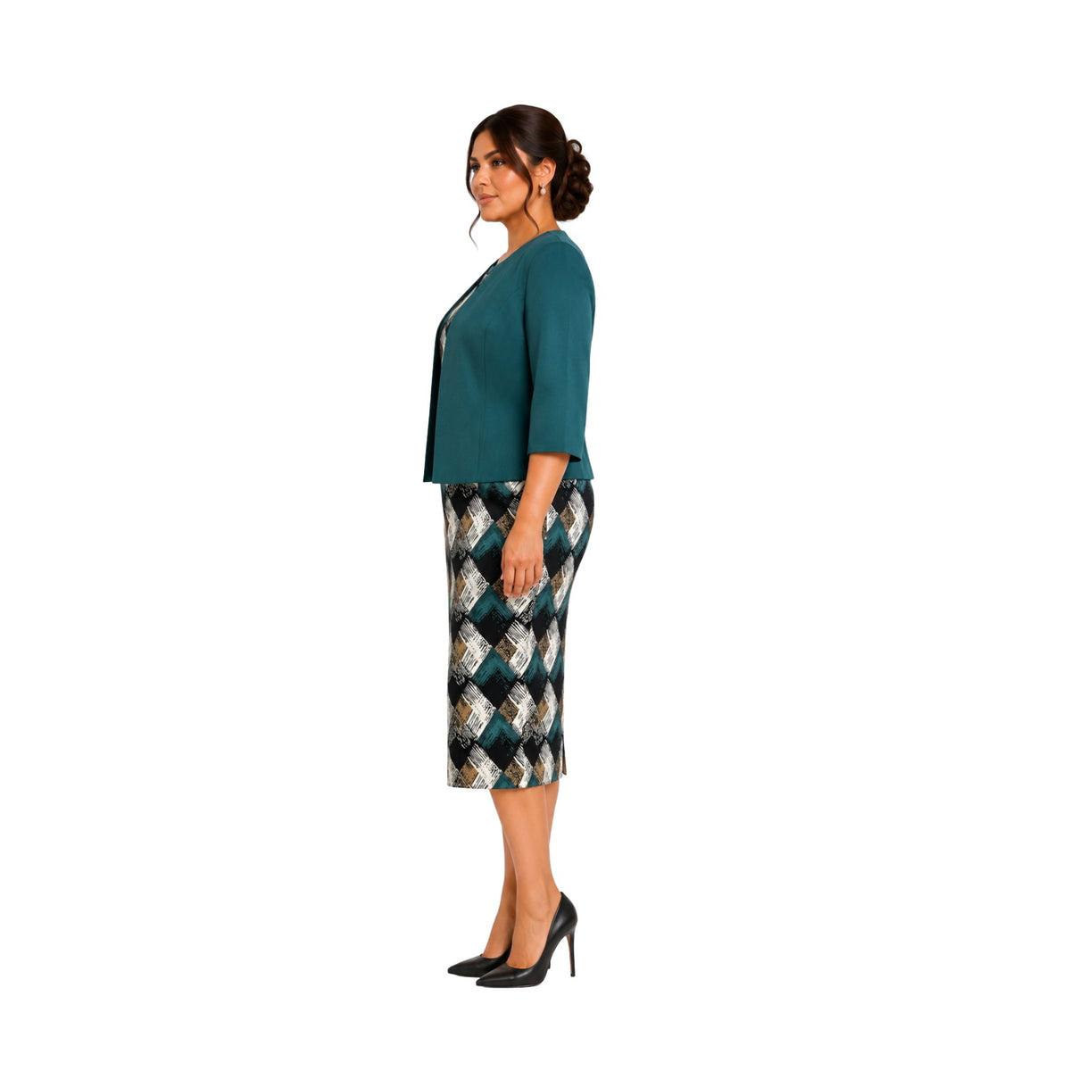 CONJUNTO FORMAL DE SACO LISO Y VESTIDO DE PRINT ABSTRACTO
