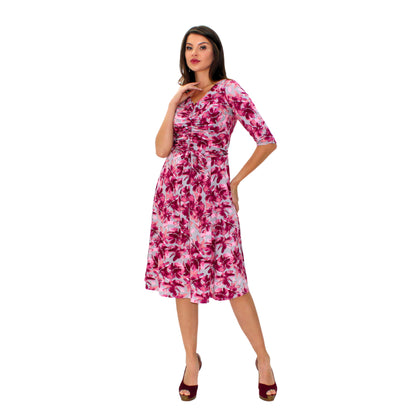 VESTIDO MIDI DRAPEADO FLORES ROSAS
