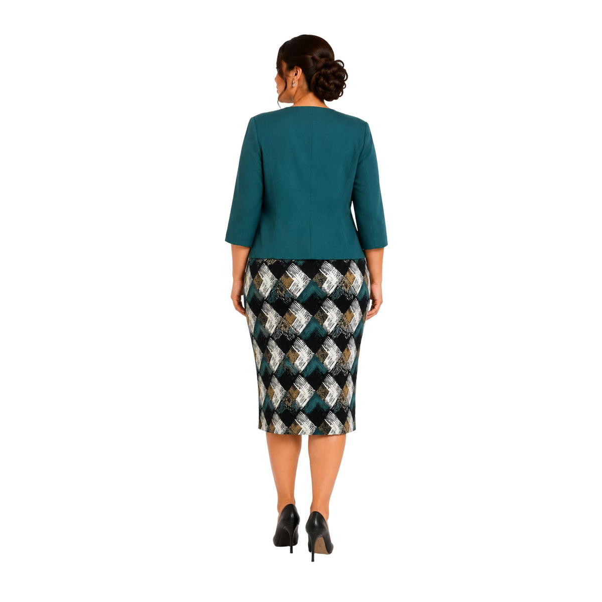 CONJUNTO FORMAL DE SACO LISO Y VESTIDO DE PRINT ABSTRACTO