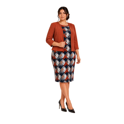 CONJUNTO FORMAL DE SACO LISO Y VESTIDO DE PRINT ABSTRACTO