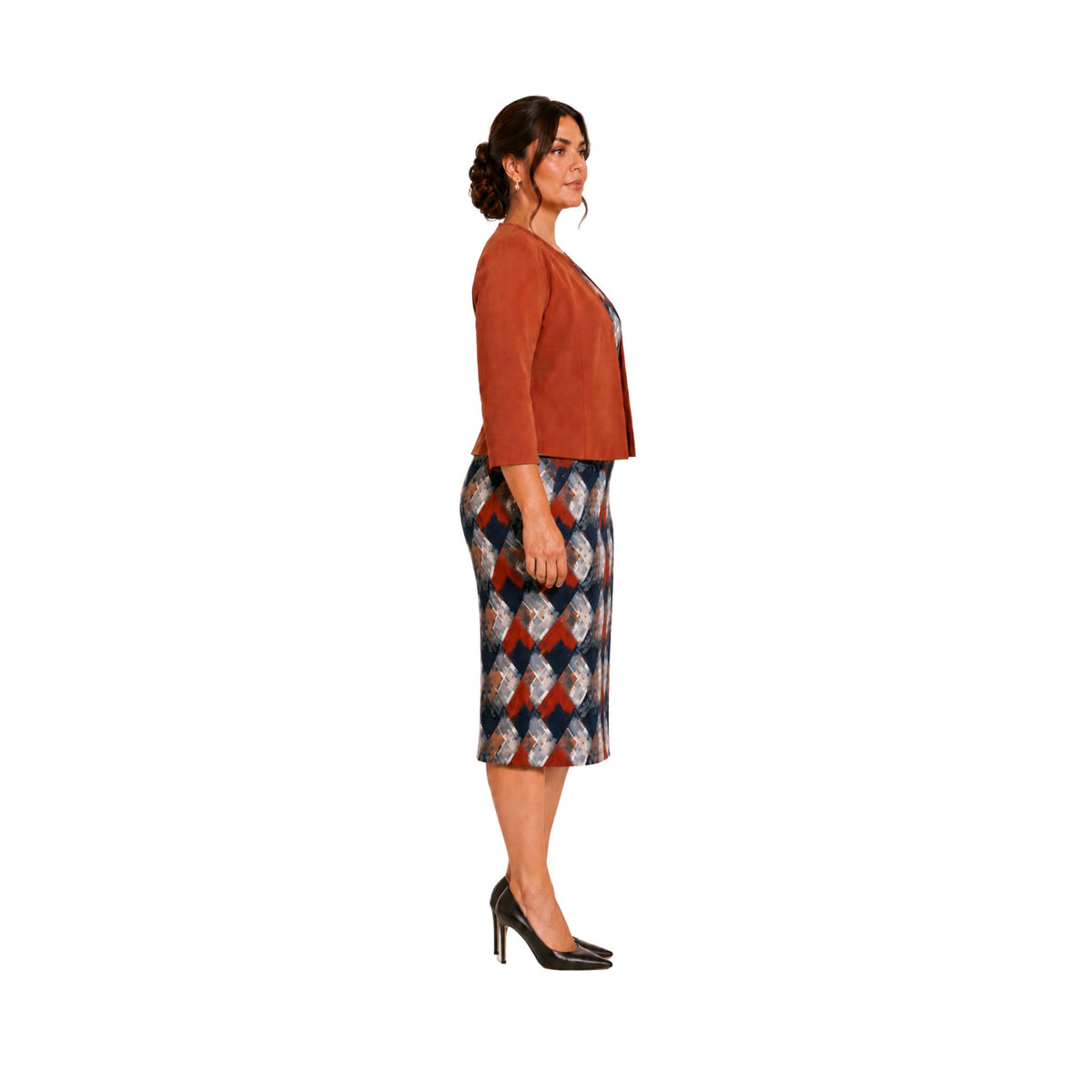 CONJUNTO FORMAL DE SACO LISO Y VESTIDO DE PRINT ABSTRACTO