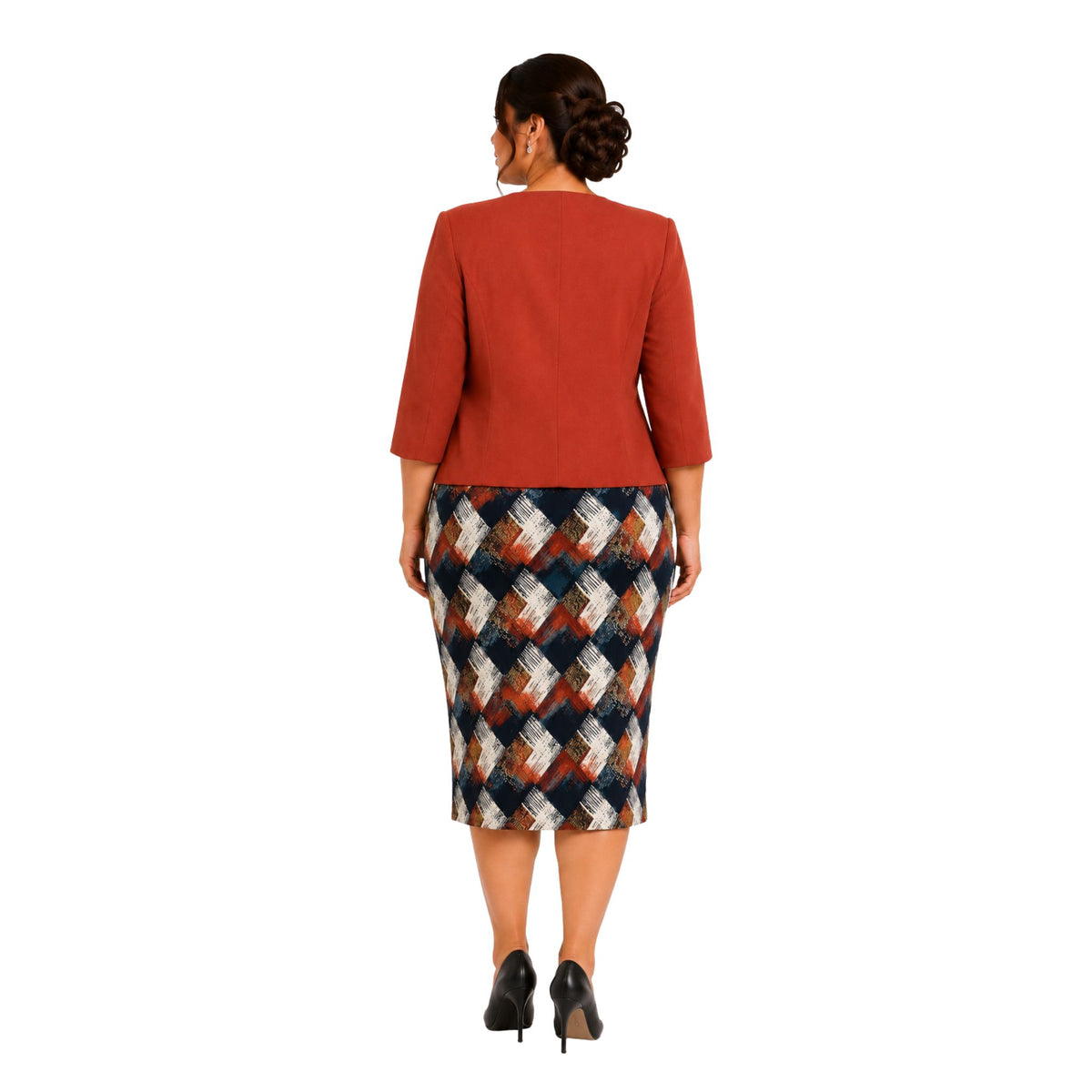 CONJUNTO FORMAL DE SACO LISO Y VESTIDO DE PRINT ABSTRACTO