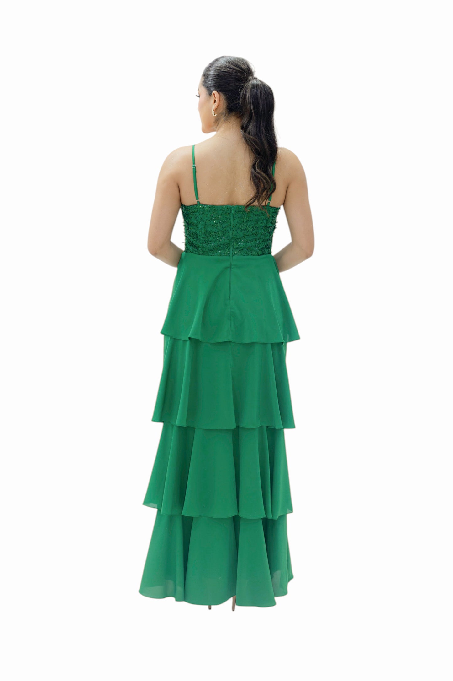 VESTIDO MAXI EN OLANES VERDE