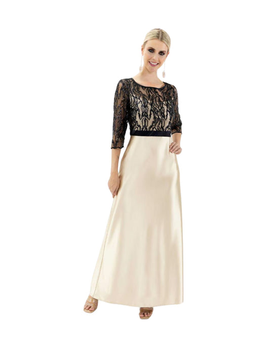 VESTIDO DE FIESTA ORO CON NEGRO