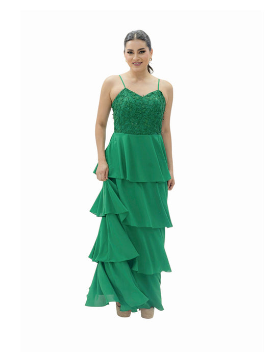 VESTIDO MAXI EN OLANES VERDE