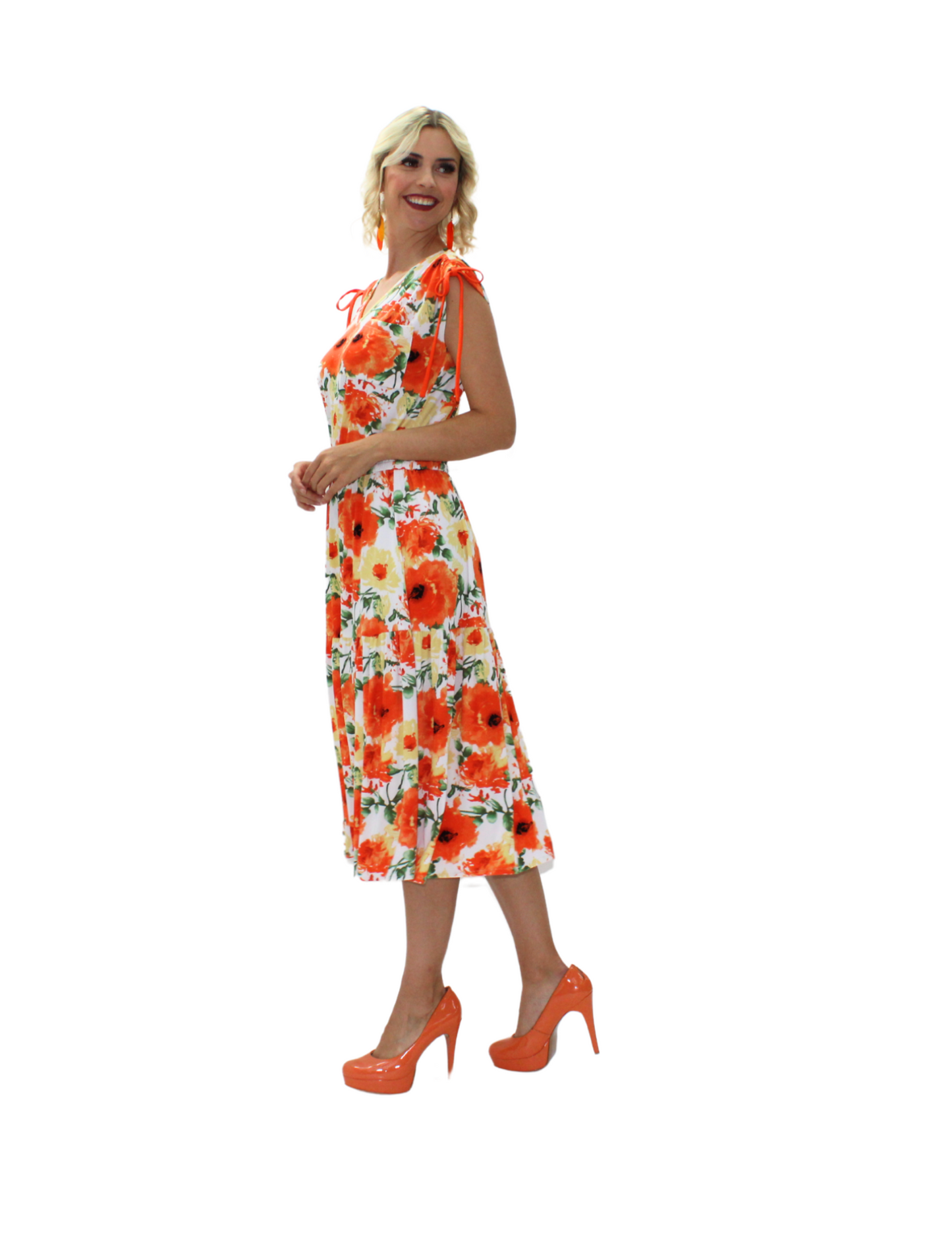 VESTIDO FLORAL MIDI CON LAZOS EN HOMBROS