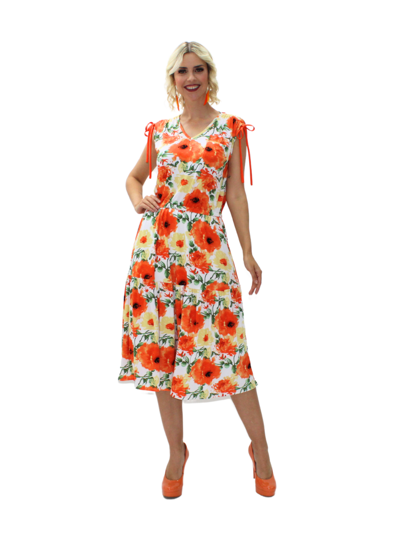 VESTIDO FLORAL MIDI CON LAZOS EN HOMBROS
