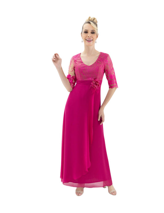 VESTIDO FUCSIA DE SHIFFON CON ENCAJE