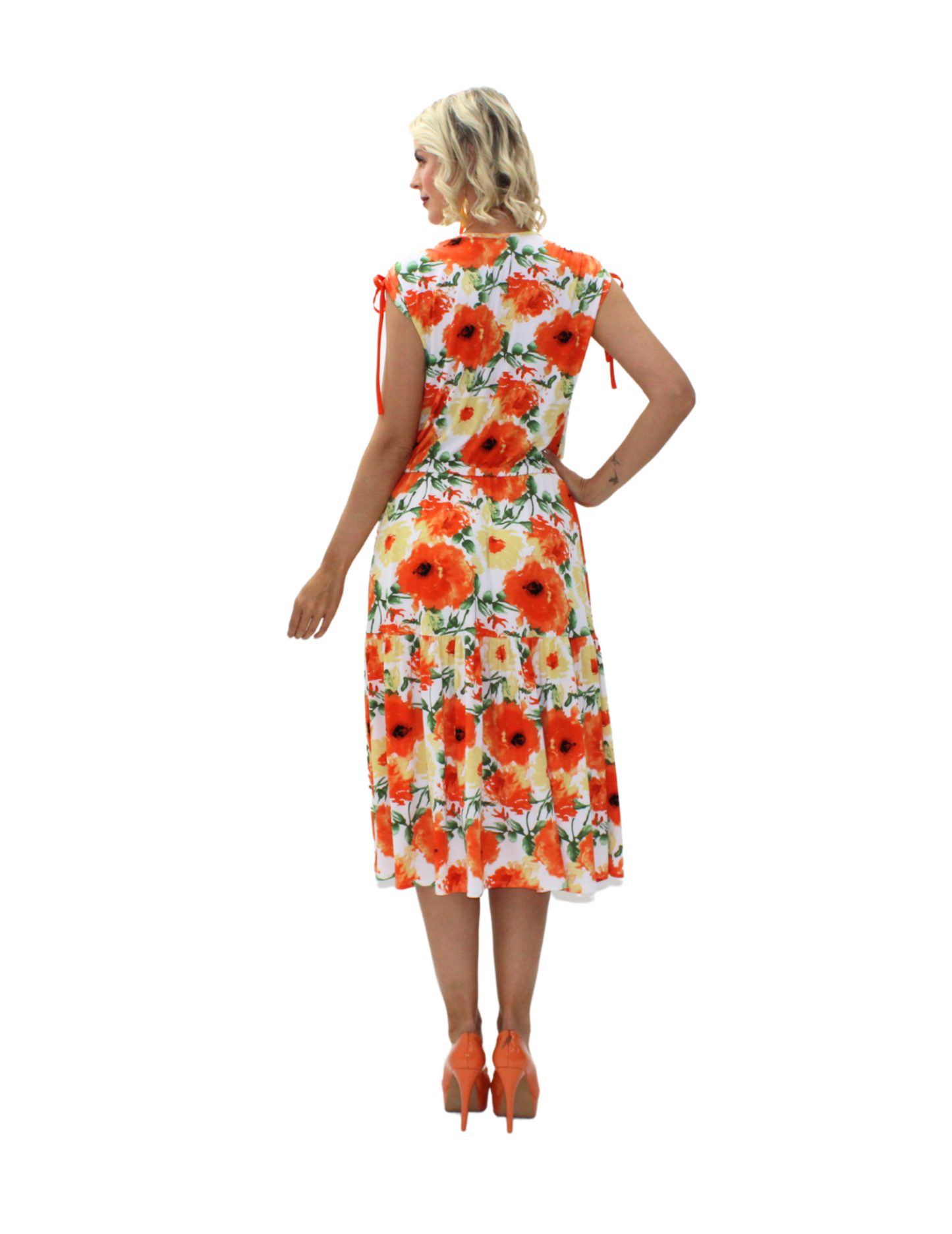VESTIDO FLORAL MIDI CON LAZOS EN HOMBROS