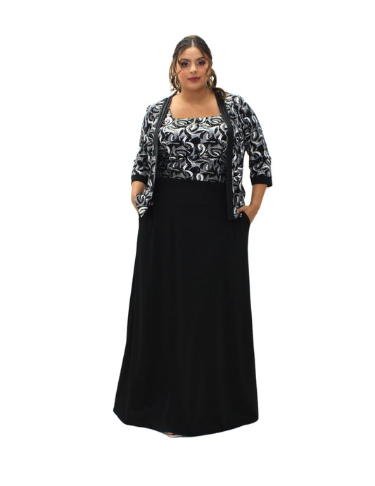 VESTIDO MAXI PLATA CON SACO