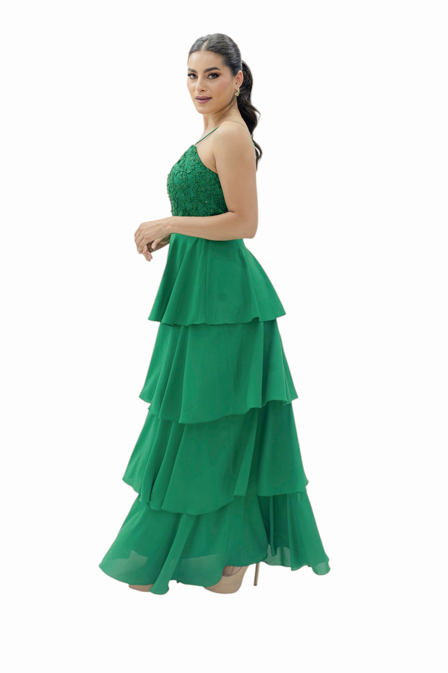 VESTIDO MAXI EN OLANES VERDE