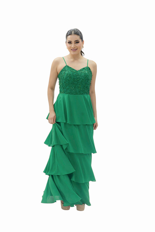 VESTIDO MAXI EN OLANES VERDE